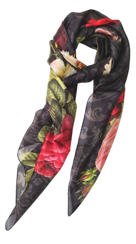 Scarf 100% Silk Paj Flower Red Black Green